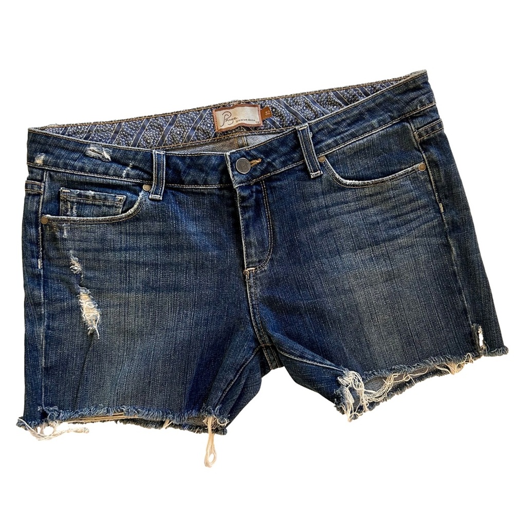 PAIGE Dark Blue Distressed Denim Jean Shorts